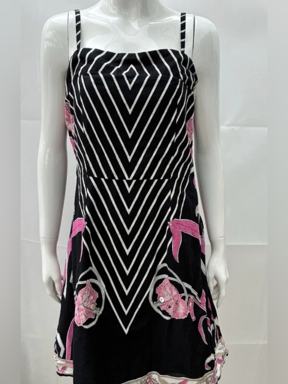 Red Herring Black White Pink Dress with Hibiscus Flowers 100% Cotton  UK12/EU40